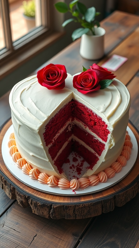 A beautifully decorated Red Velvet Heart Cake with cream cheese frosting and roses on a wooden table.